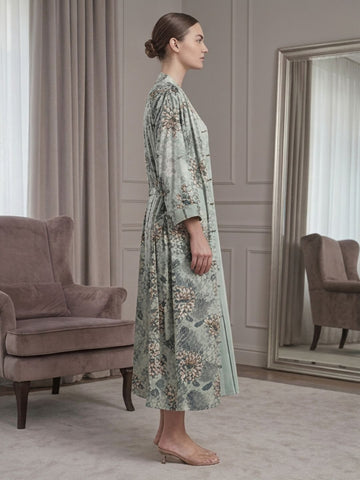 11023 - Women Grey Stripes Satin Nightdress with Floral Printed Long Robe