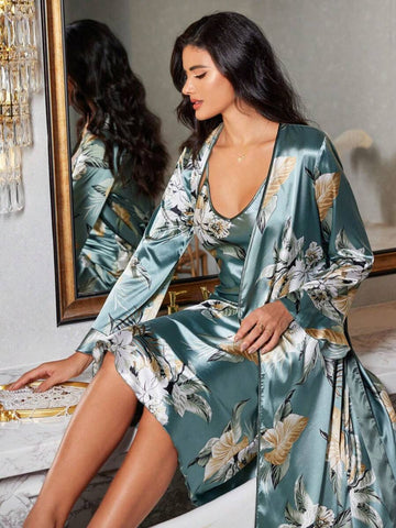 11001-Green Floral Satin Nightdress with Robe