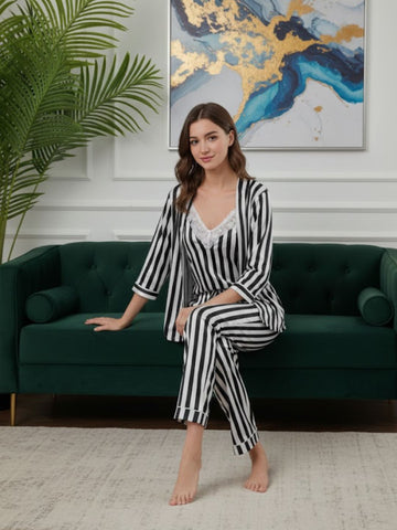 11011-BLACK Women’s Satin 3 Piece Nightwear Set – Striped Camisole, Robe & Pyjama