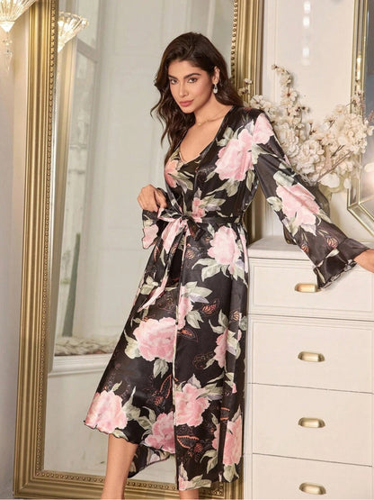 11017-Women’s Floral Satin Nightdress with Matching Robe – Soft Luxury Nightwear Set