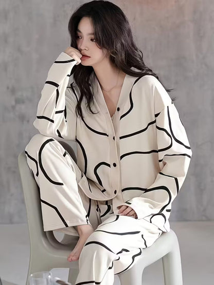 11034-Women Black Abstract Printed Shirt Collar Night Suit Set