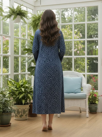 11008-Navy Blue Floral Satin Nightwear Set with Long Robe and Cowl Neck Slip Dress for Women