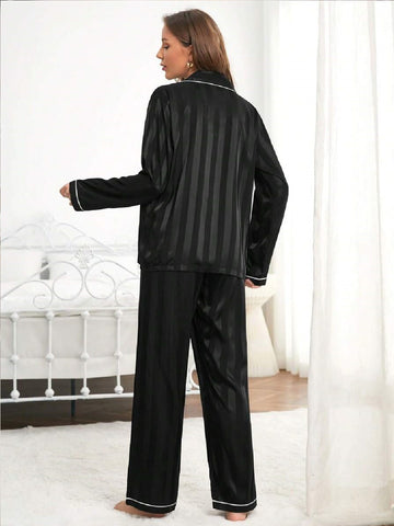 11013-Women Black Satin Finish Shirt & Pyjama Night Suit Set