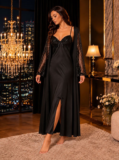 21001-Women Japanese Satin Nightdress with Sheer Sequin Robe