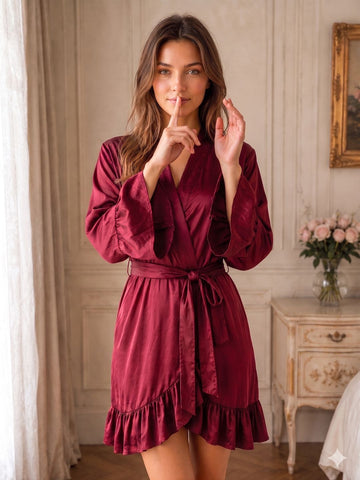 11033-Women Satin Wrap Night Robe with Ruffle Detail