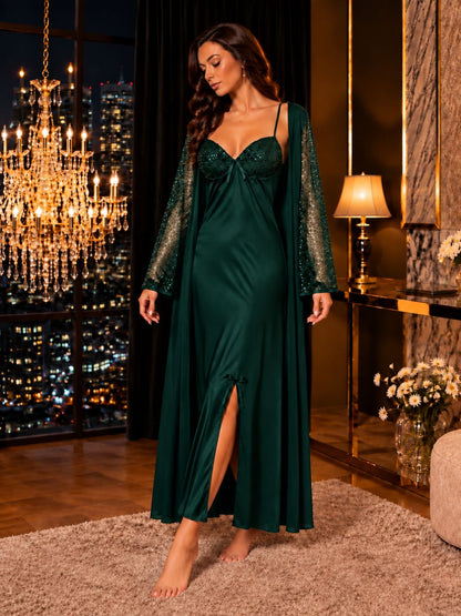 21001-Women Japanese Satin Nightdress with Sheer Sequin Robe