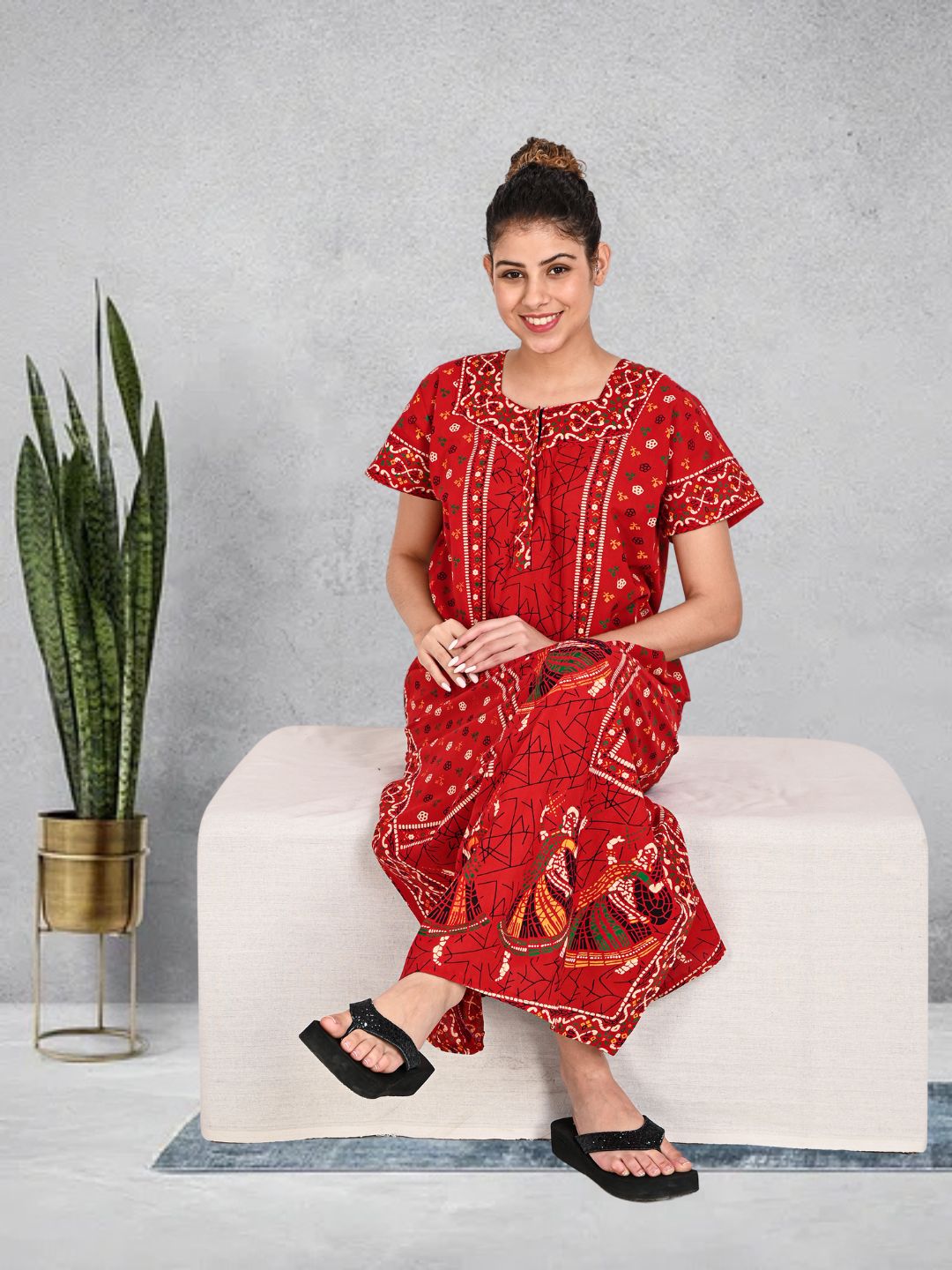1451-Women's Pure Cotton Blended Printed Maxi Dress for Daily & Night Wear Floral Nighty