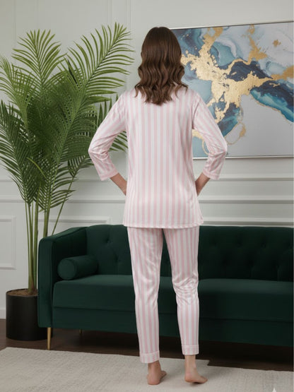 11011-MAROON Women’s Satin 3 Piece Nightwear Set – Striped Camisole, Robe & Pyjama