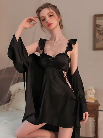 11036 - Women Black Satin Nightdress with Lace-Up Detail & Robe Set