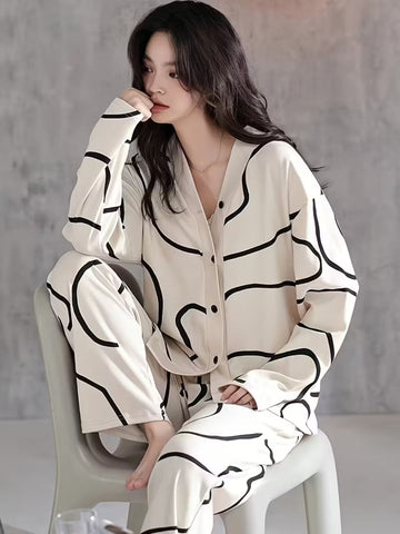 11034-Women Cream Abstract Printed Shirt Collar Night Suit Set