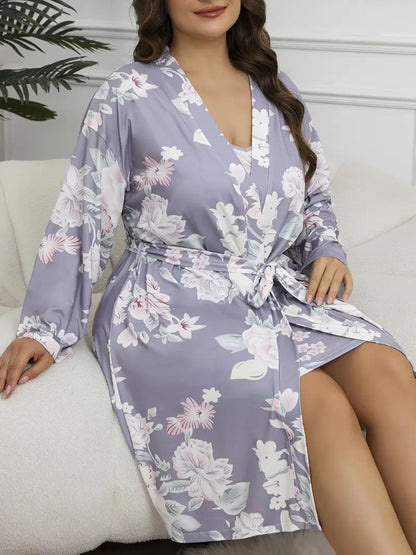 11005-Lavender Floral Satin Nightwear Robe Set for Women – Comfortable & Elegant Sleepwear