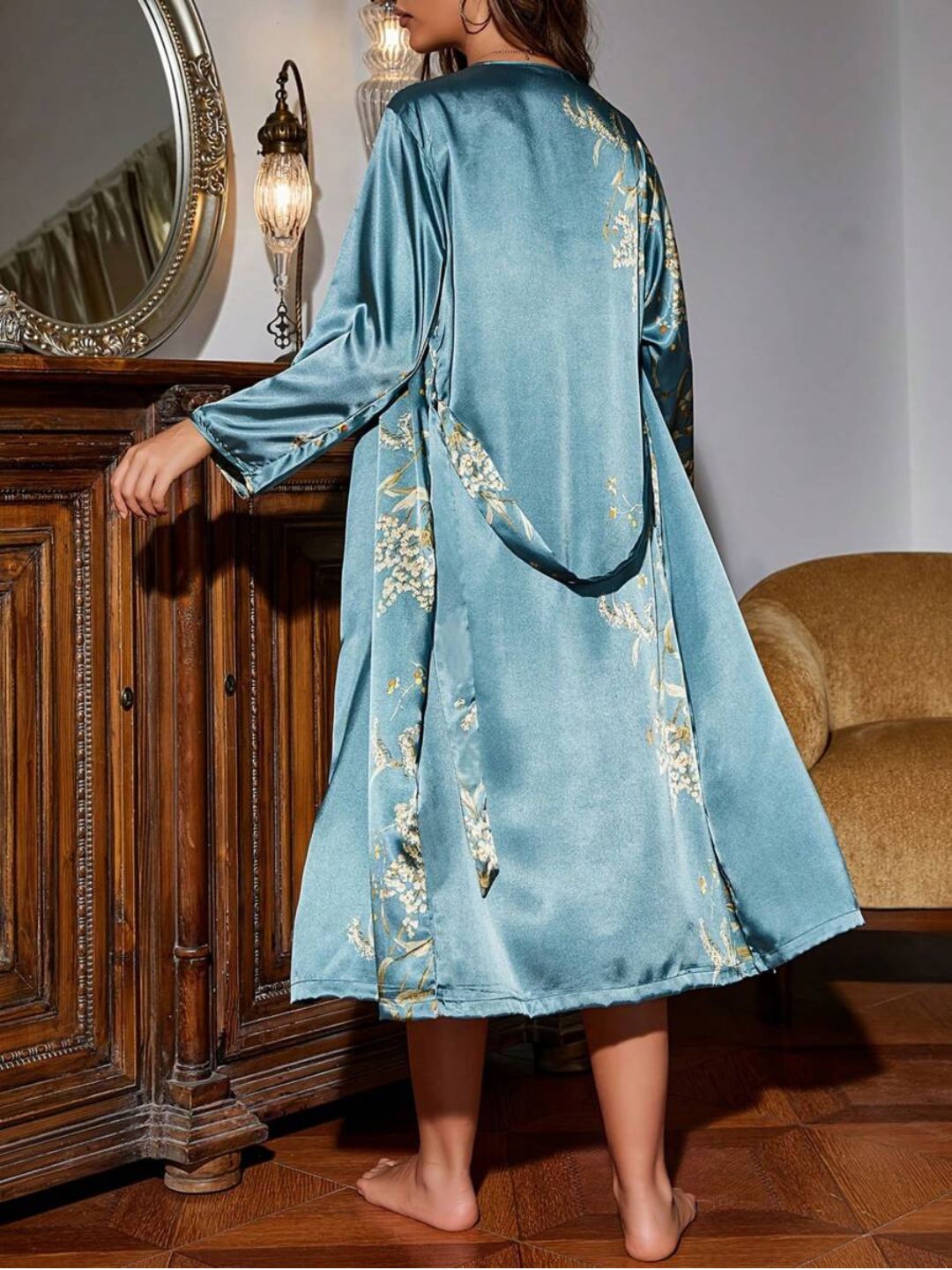 11003-Green Floral Satin Nightwear Robe Set for Women – Elegant Night Dress & Sleepwear