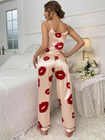 11056- Women Beige Satin Lip Print Camisole Night Suit Set