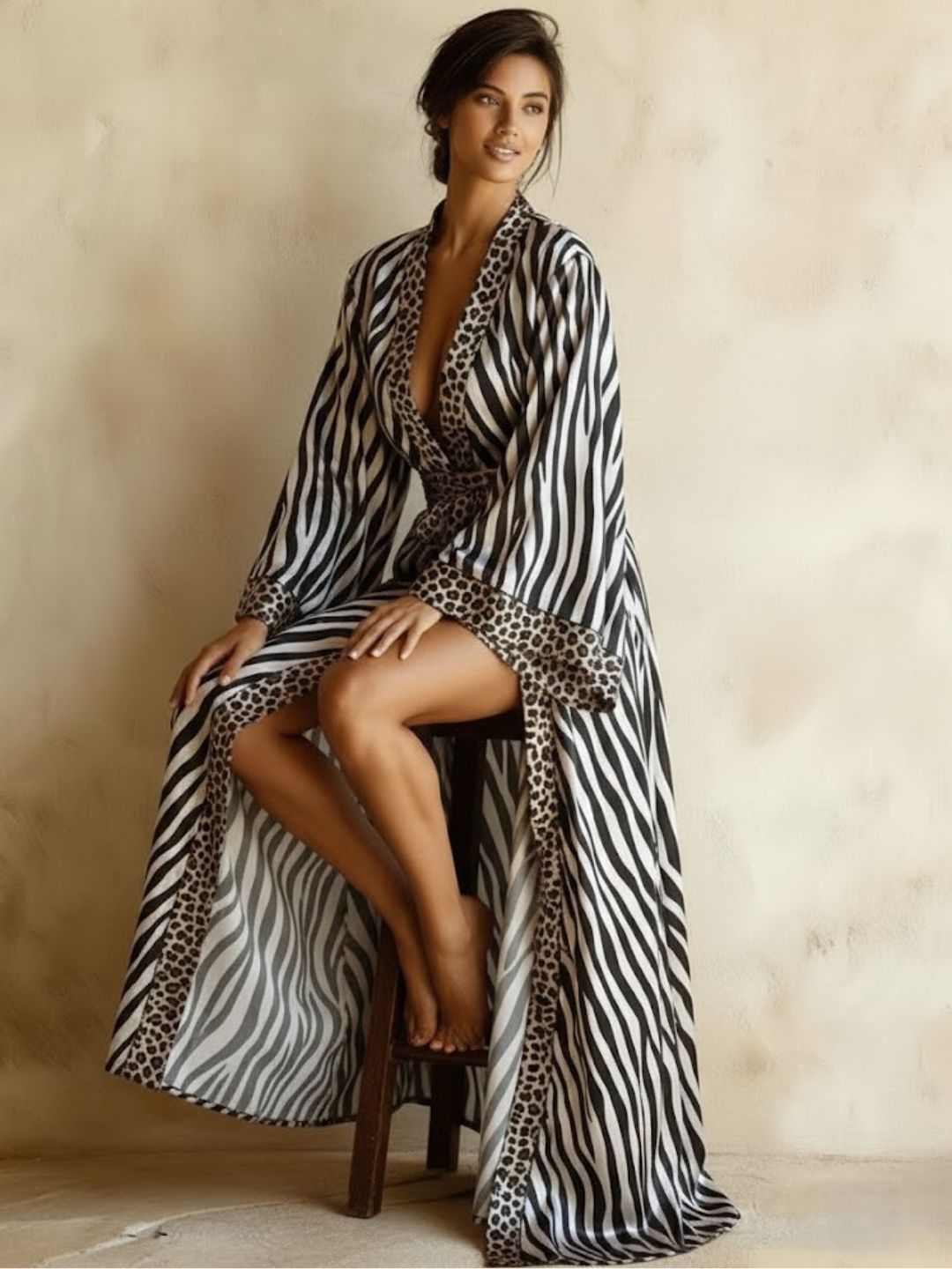 11027 - Women Black Satin Long Night Robe with Leopard Print Trim