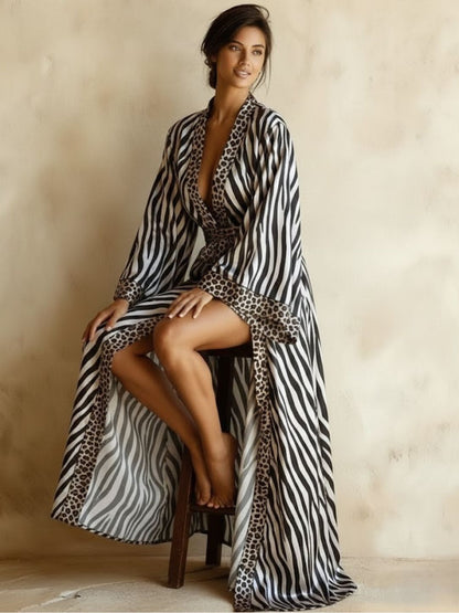 11027 - Women Black Satin Long Night Robe with Leopard Print Trim