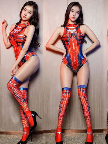 143-Women's Spider-Inspired Printed Bodysuit with Matching Stockings