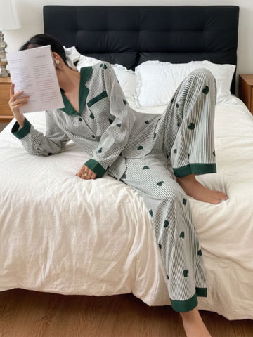 11016-Women Green & White Striped Heart Print Comfortable Shirt & Pyjama Nightwear Set