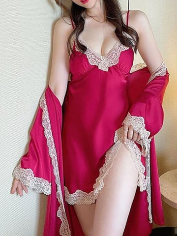 204 - Women Maroon Satin Chemise with Lace Trim & Shrug