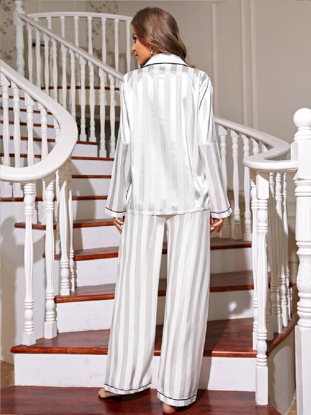 11013-Women Black Satin Finish Shirt & Pyjama Night Suit Set