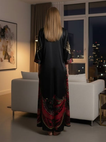 980 - Women Black & Red Paisley Printed Satin Nightdress with Long Robe