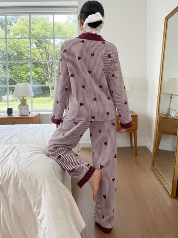 11016-Women Maroon & White Striped Heart Print Comfortable Shirt & Pyjama Nightwear Set