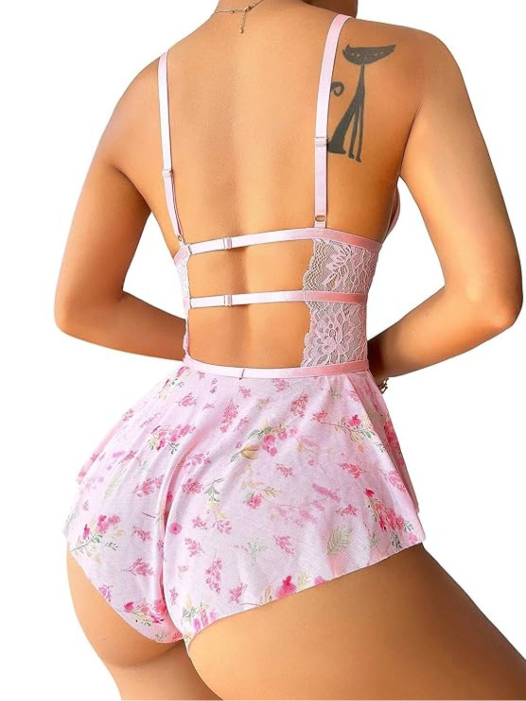 94-Pink Blossom Breeze Sheer Lace Babydoll Lingerie