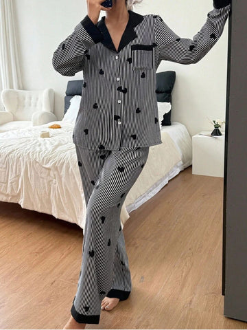 11016-Women Black & White Striped Heart Print Comfortable Shirt & Pyjama Nightwear Set