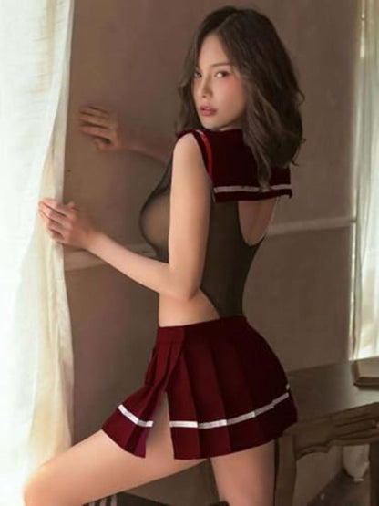 140-Maroon Sheer Mesh Schoolgirl-Inspired Babydoll Set