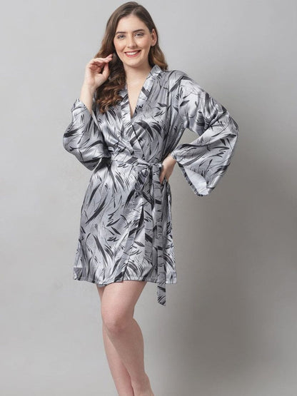 88-Elegant Grey Satin Leaf-Print Short Robe