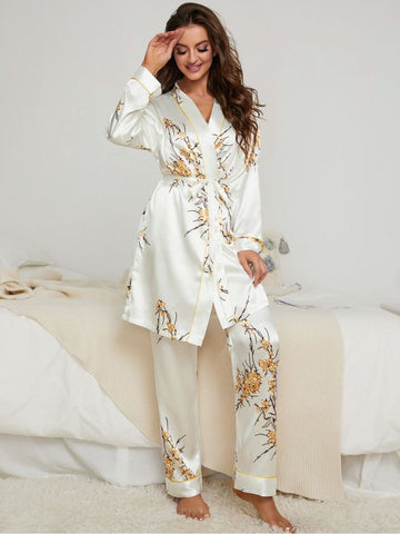 11009-YELLOW Women’s Satin Floral Pajama Set with Matching Robe – Luxury Sleepwear Loungewear Set