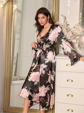 11017-BLACK-Women’s Floral Satin Nightdress with Matching Robe – Soft Luxury Nightwear Set