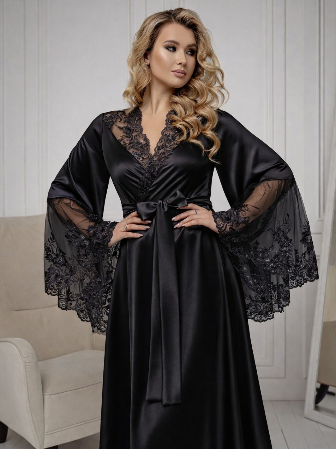 11028-Black Elegant Lace Trim Bridal Robe with Flared Sleeves