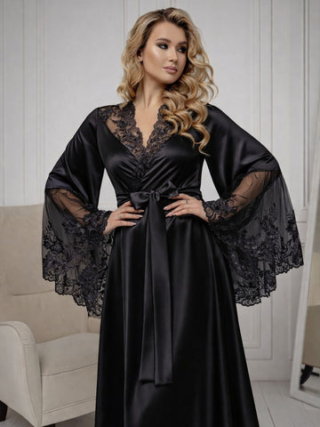 11028-Black Elegant Lace Trim Bridal Robe with Flared Sleeves