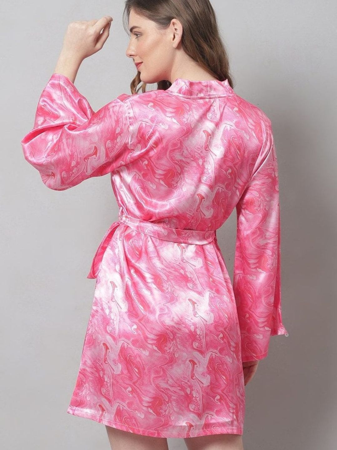 80-Faded Pink Satin Marble Short Robe