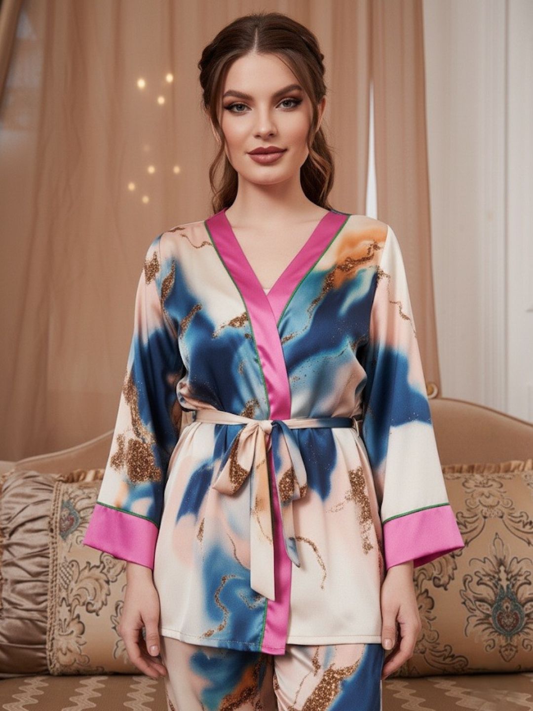 11010-Premium Women’s Satin Night Suit – Designer Printed Robe & Pyjama Set