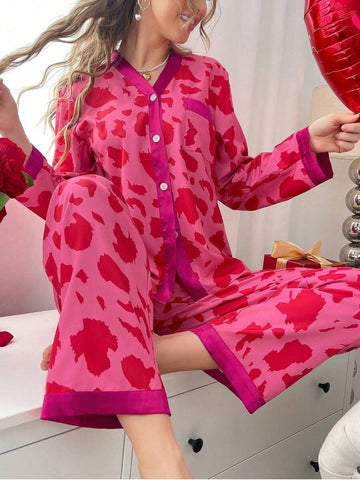 11026 - Women Pink & Red Animal Print Button-Down Night Suit