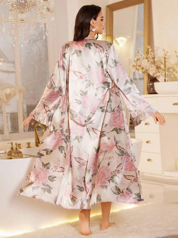 11017-Women’s Floral Satin Nightdress with Matching Robe – Soft Luxury Nightwear Set