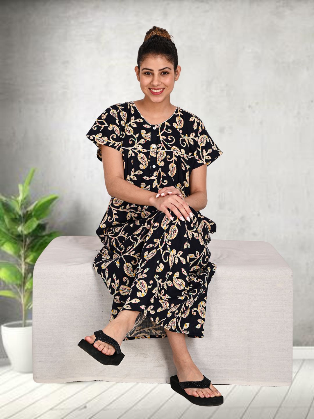 1950-Women's Pure Cotton Blended Printed Maxi Dress for Daily & Night Wear Floral Nighty