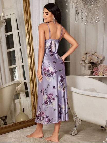 11001-Purple Floral Satin Nightdress with Robe