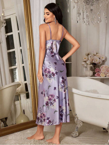 11001-Purple Floral Satin Nightdress with Robe
