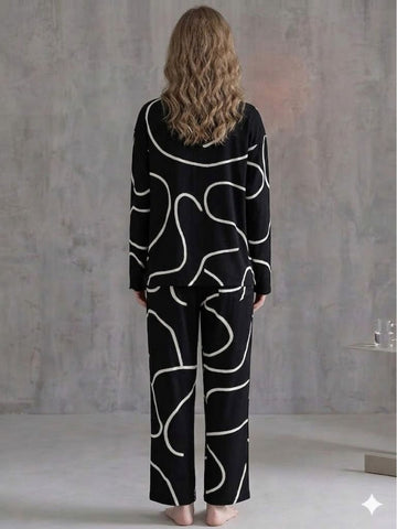 11034-Women Black Abstract Printed Shirt Collar Night Suit Set
