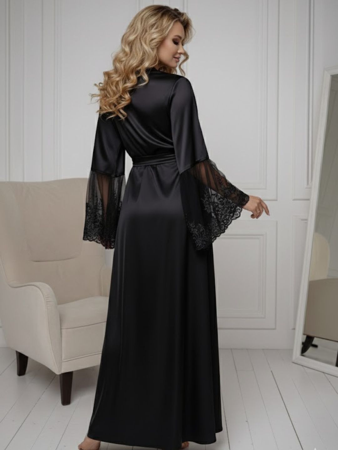 11028-Black Elegant Lace Trim Bridal Robe with Flared Sleeves