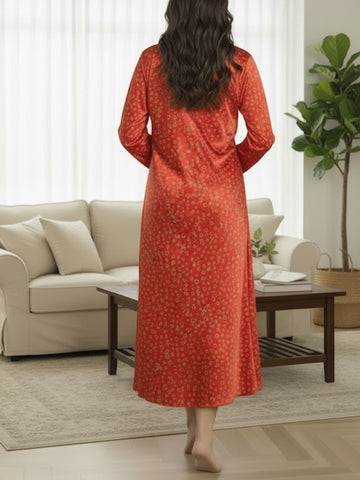 11008-RED Floral Satin Nightwear Set with Long Robe and Cowl Neck Slip Dress for Women