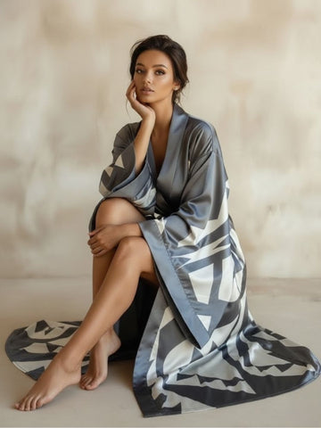 11027 - Women Grey & White Geometric Printed Satin Kimono Style Night Robe