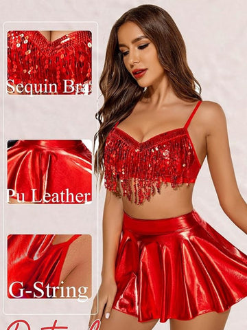 156-Red Women’s Sequin Fringe Bralette Top with Flared Mini Skirt Co-Ord Set