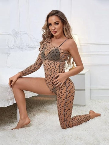 8010 - Women Brown Leopard Print Sheer One-Shoulder Bodystocking
