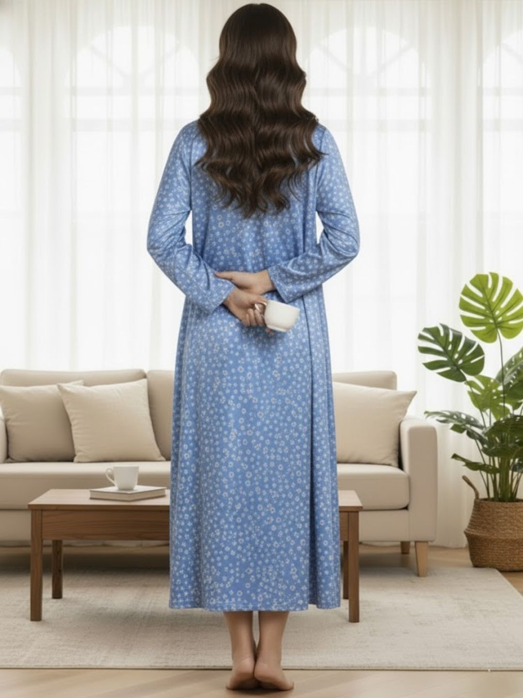 11008- Floral Satin Nightwear Set with Long Robe and Cowl Neck Slip Dress for Women