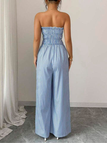 11038 - Women sky blue & White Striped Cotton Night Suit