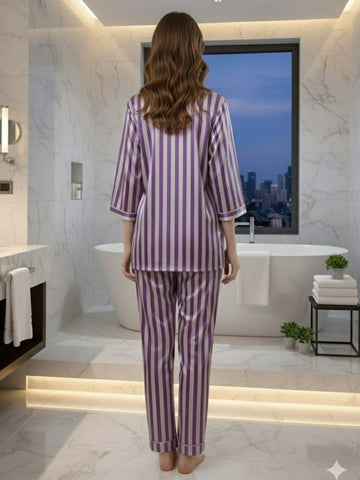 11011-PURPLE Women’s Satin 3 Piece Nightwear Set – Striped Camisole, Robe & Pyjama