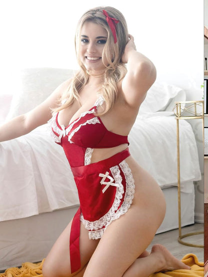 63 - Women Maroon & White Lace Roleplay Maid Lingerie Bodysuit with Apron & Choker